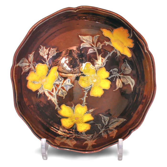 Yellow rose bowl. Copper ground. Diameter 20cm. Unique number 9203.