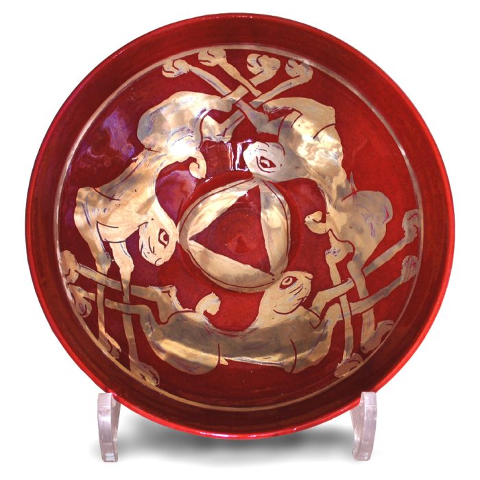 Three hares bowl. Deep red ground. Diameter 17.5cm. Unique number 9129.